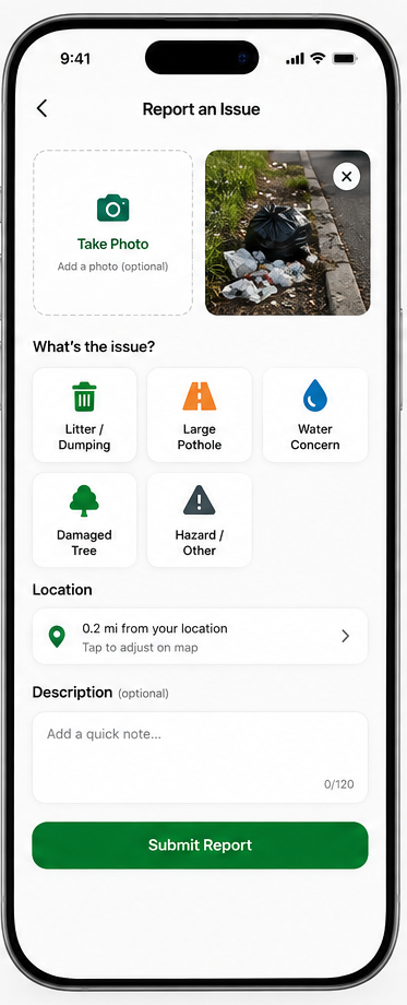 Rooted issue reporting form with category options