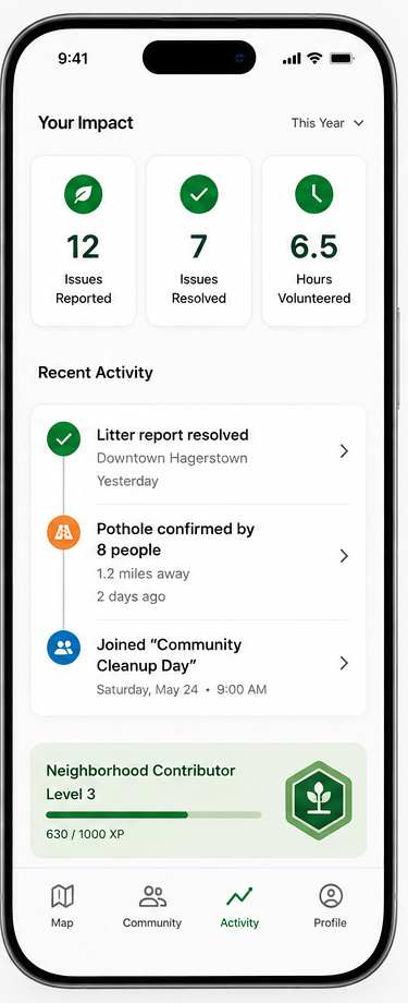 Rooted personal impact dashboard with stats and activity