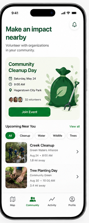 Rooted community feed with upcoming volunteer events