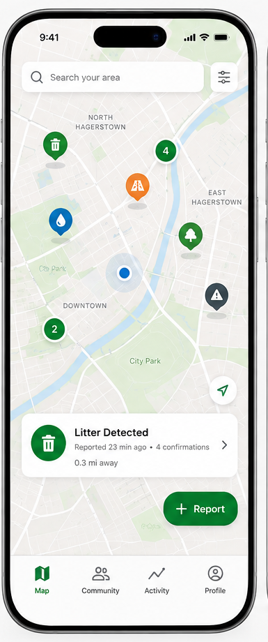Rooted map view showing nearby community reports